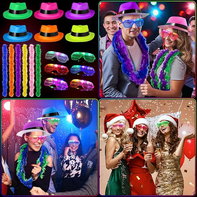 54 Pieces Neon Party Supplies Glow in The Dark Parties Supplies 18 Pcs Neon Gangster Party Hats 18 Pcs Light up Glasses with Colorful Feather Boas for Christmas 80's Raves Carnival Hora Loca Parties