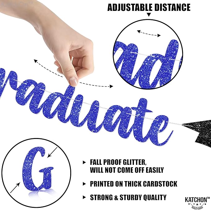 KatchOn, Glitter, Black and Blue Graduation Banner - 10 Feet | Congrats Grad Banner | Black and Blue Grad Decorations Class of 2025 | graduation Cap Garland | Graduation Decorations 2025
