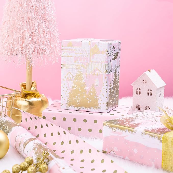 RUSPEPA 30" X 32.8' Reversible Christmas Wrapping Large Paper Roll, Jumbo Roll, Pink Gold Winter Landscape with Snowflake Pattern, Gold Polka Dot Design Gift Wrap for Girls, Women, Xmas Holiday Gifts