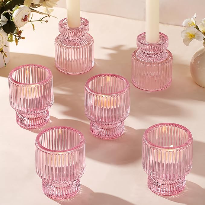 DARJEN 6 Pcs Pink Candlestick Holders - Glass Taper Candle Holders Tealight Votive Candle Holders for Table Centerpieces, Wedding, Dinner Party, Home, Gifts