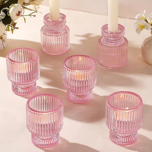 DARJEN 6 Pcs Pink Candlestick Holders - Glass Taper Candle Holders Tealight Votive Candle Holders for Table Centerpieces, Wedding, Dinner Party, Home, Gifts