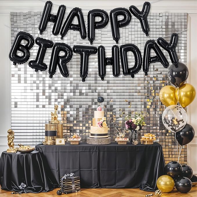 16 Inch Happy Birthday Banner Balloon - Black Letters Foil Balloons With Ribbon, Self Inflating Letter Balloon Bunting for Men Women Birthday Party Decorations Supplies