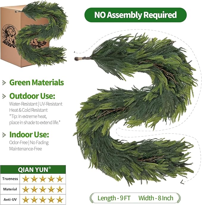 6FT Artificial Norfolk Pine Garland – Real Touch Greenery Garland, Dense Green Plants for Indoor Outdoor Christmas, Holiday, and Home Decoration (1, 9FT)