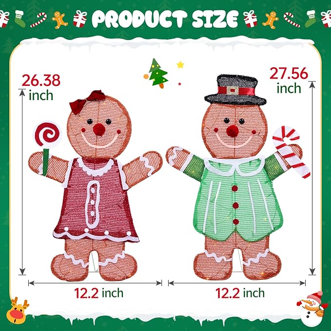 DomKom Set of 2 Lighted Gingerbread Man Christmas Decorations, 27 inch Pre-Lit Light Up Gingerbread Couple with Candy Cane & Lollipop 50 LED for Xmas Indoor Outdoor Yard Lighted Holiday Displays