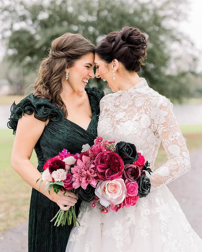 Roses Artificial Flowers Pink Fake Flower Bouquet for DIY Bridal Wedding Shower Decorations Party Table Centerpieces Cake Decorating Silk Floral Arrangement for Home Decor Indoor Fuchsia Black