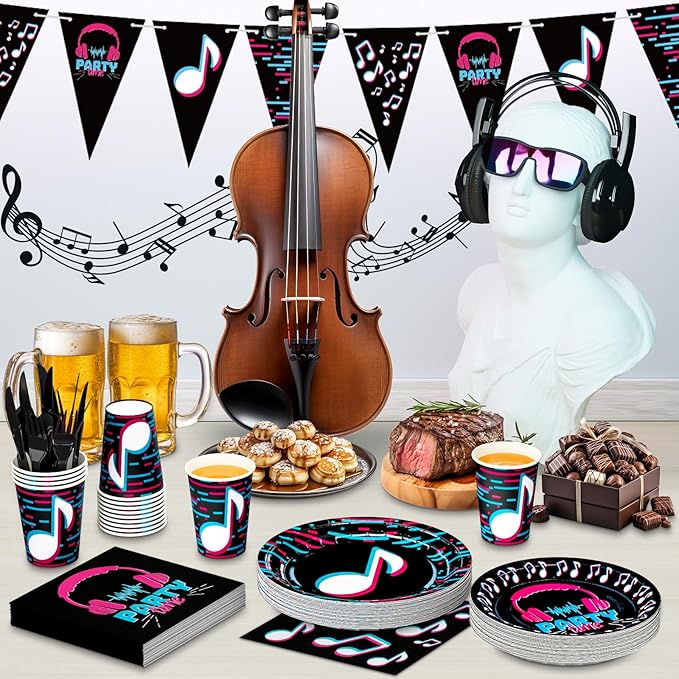 DYLIVeS 180 Pcs Music Party Supplies - Music Theme Birthday Party Decorations for Girls - Banner, Plates, Cups, Napkins, Cutlery (Serves 24)