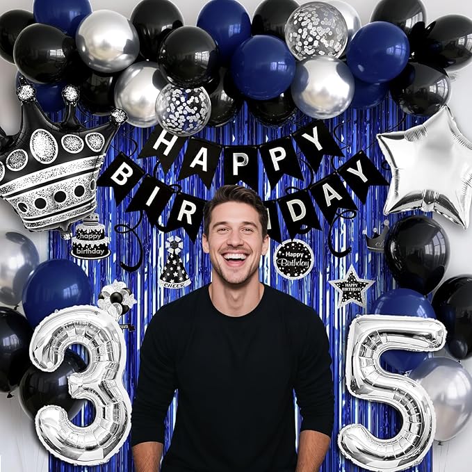 35th Birthday Decorations for Men and Women, Black Blue Silver Happy Birthday Number 35 Balloons, Banner, Fringe Curtains Garland Kit - 35 Year Old Party Supplies