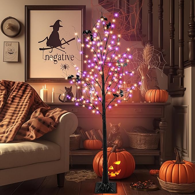 Halloween Lighted Tree with 260 LED Lights, 6FT Black Halloween Tree with Timer, 8 Modes, Dimmable, Spider Web & Bats DIY, Indoor Outdoor Halloween Decorations