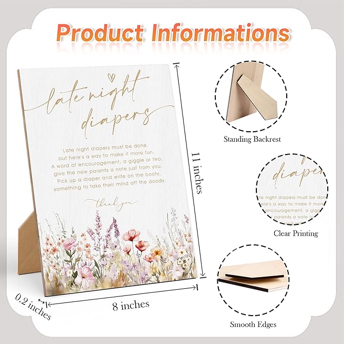 Boho Floral Late Night Diapers Baby Shower Sign, Gender Reveal Party Tabletop Decor, Wooden Sign with Back Stand for Baby Shower and Newborn Announcement Party Favors Supplies, 9