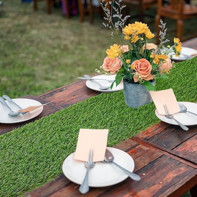 GLOBREEN Artificial Grass Table Runners 48 Inches - Green Faux Grass Turf Table Runner for Golf Football Party Decorations Wedding Birthday Dining Baby Shower