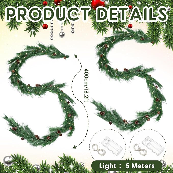 Jutom 2 Set 13.2ft Christmas Deluxe Norfolk Pine Garlands Artificial Long Needle Pine Cone Garland Realistic Xmas Cedar Garland for Holiday Mantle Table Indoor Outdoor Decor