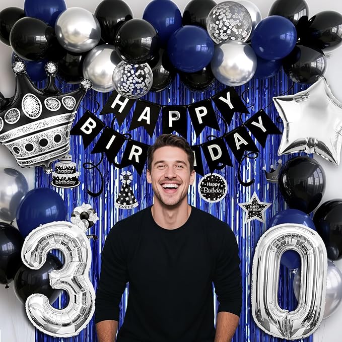 30th Birthday Decorations for Men and Women, Black Blue Silver Happy Birthday Number 30 Balloons, Banner, Fringe Curtains Garland Kit - 30 Year Old Party Supplies