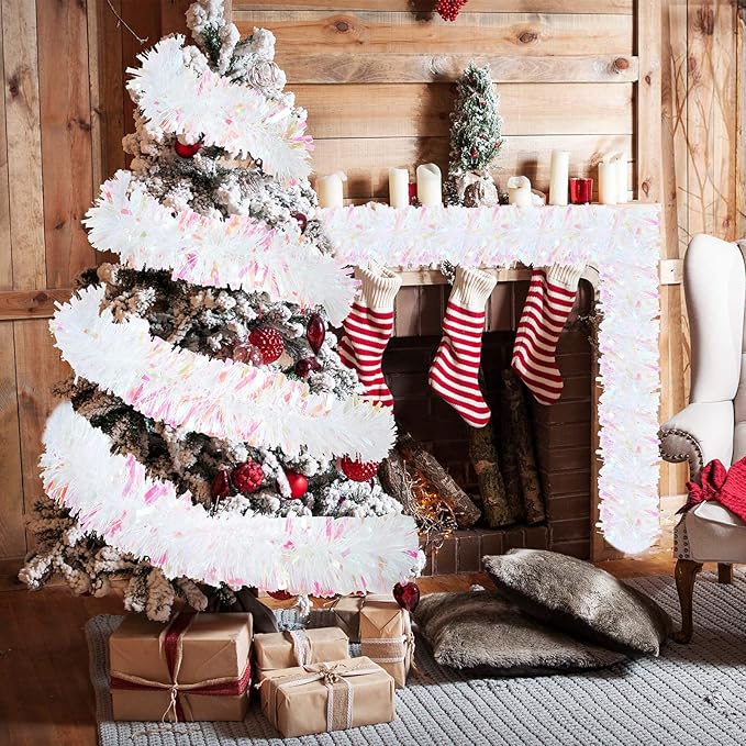 Dilunave 40 Feet Christmas Tinsel Garland Metallic Foil Twist Tinsel Garland Decoration for Christmas Tree, Wedding, Birthday and Party Hanging Decorations(White)