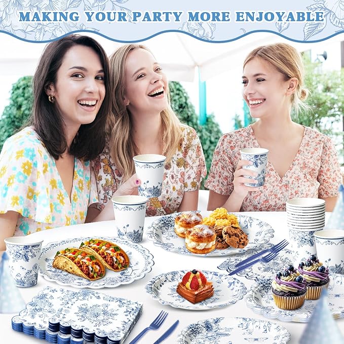Blue Floral Plates and Napkins Tableware Sets - Serves 24, Includes Flower Paper Plates, Napkins Cups Knives Forks, Vintage Floral Plate for Wedding Bridal Tea Party Supplies