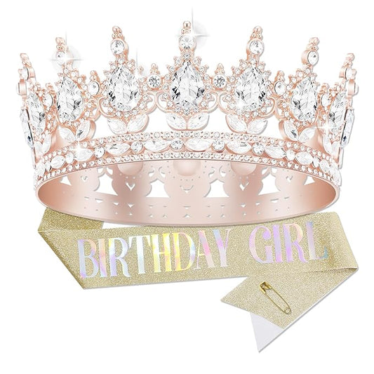 Queen Crown Birthday Set for Women - Tiara, Sash, Princess Rhinestone Headband - Sweet Happy Accessories