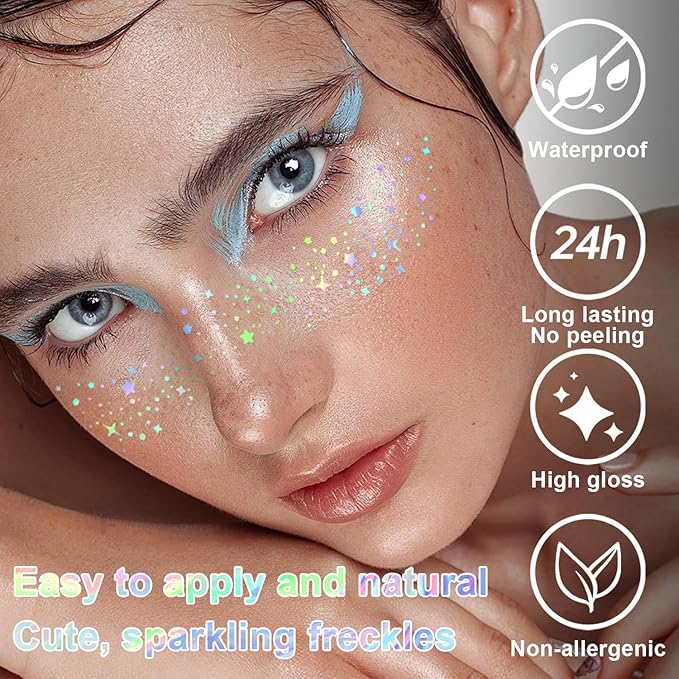 8 PCS Holographic Multicolor Glitter Freckles Face Tattoo, Makeup Patch, Faux Freckles Waterproof Temporary Tattoos Cute Glitter For Women and Kids Halloween Christmas (8PcsA Holographic Multicolor)