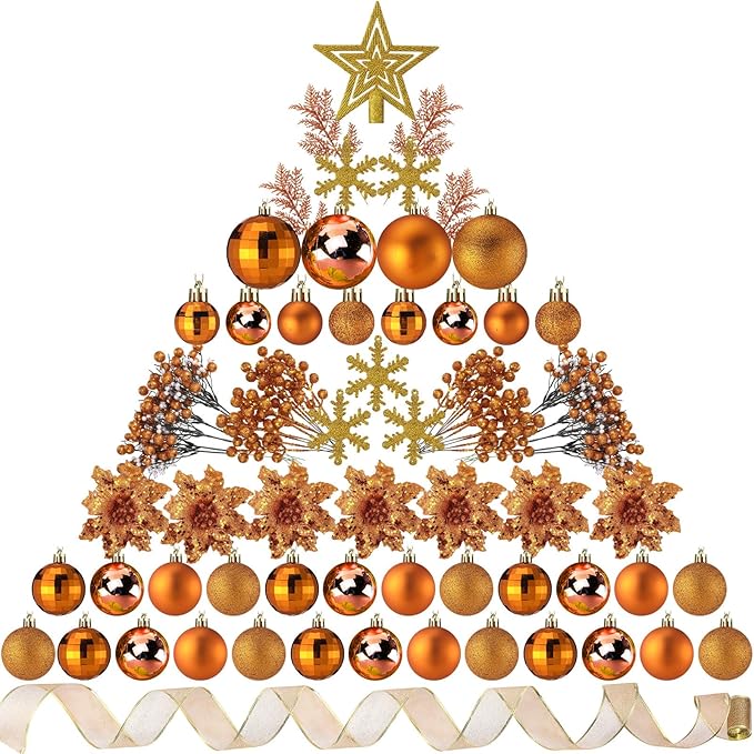 Sratte 94 Pcs Christmas Tree Decorations Set, Christmas Tree Ball Ornaments Glitter Poinsettia Flowers Decorations Glitter Berries Stems for Xmas Holiday Wedding(Orange)