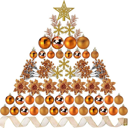 Sratte 94 Pcs Christmas Tree Decorations Set, Christmas Tree Ball Ornaments Glitter Poinsettia Flowers Decorations Glitter Berries Stems for Xmas Holiday Wedding(Orange)