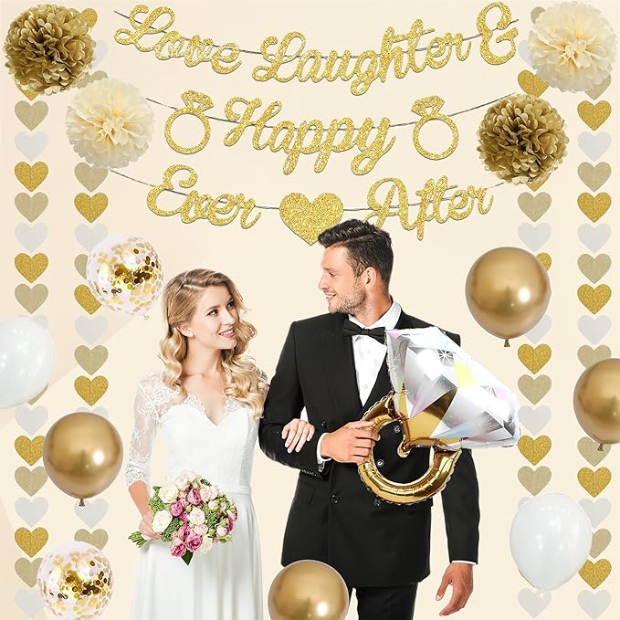 Vlipoeasn Champagne Gold Engagement Party Decorations, Just Engaged Supplies for Couple Includes 12" Gold & White Latex Balloons, Diamond Ring Foil Balloon, Cake Toppers, Paper Pompom