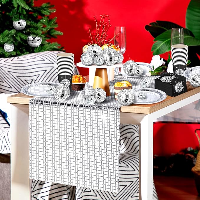 121 Pcs 70s 80s Disco Ball Christmas Party Decorations Disposable Paper Plates Napkins Cups Bachelorette Silver Balls Tableware Set for Wedding Cocktail Birthday Dancing Queen Party(Black, Silver)
