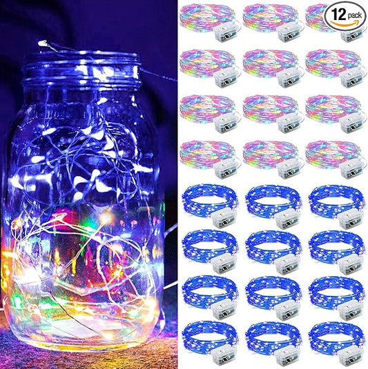 ZGWJ 24 Pack Fairy Lights Battery Operated, 7ft 20 Mini LED Fairy String Lights Silver Wire 3 Modes for DIY, Parties, Wedding, Bedroom, Halloween Christmas Decoration Colorful and Blue