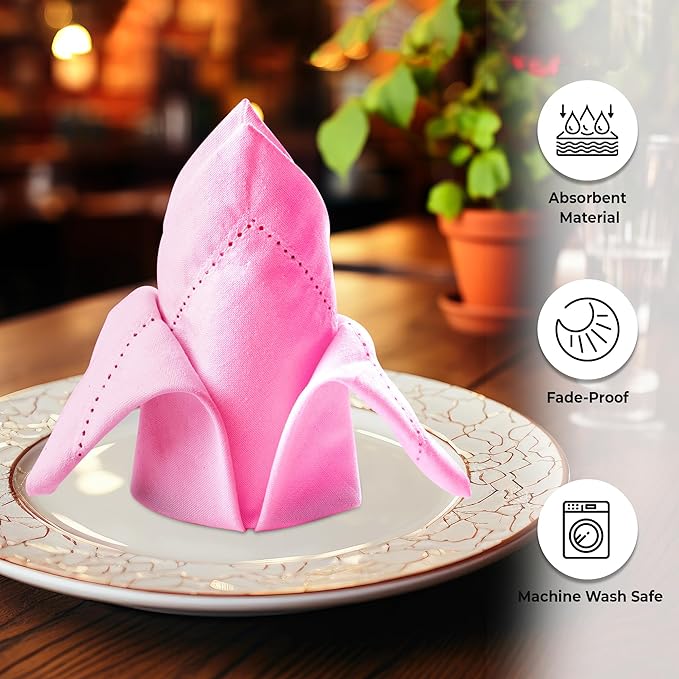 Urban Villa Easter Cloth Napkins Hemstitch Solid Pink 100% Cotton Absorbent Dinner Napkins (Set of 12) 20x20 Inches Soft Durable Washable Reusable Ideal for Everyday Use Wedding Parties Cloth Napkins