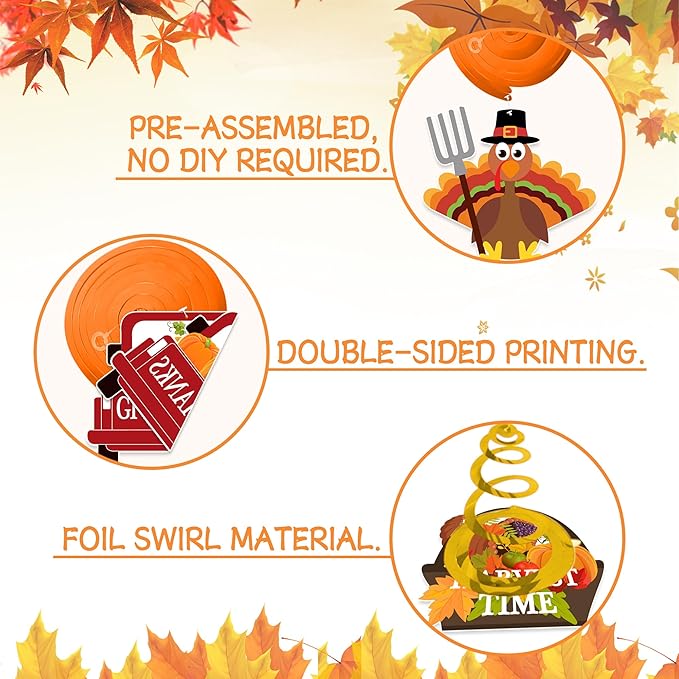 Thanksgiving Decorations Hanging Swirl - 36Pcs Thanksgiving Hanging Ceiling Streamers - Turkey Corns Pumpkin Maple Leaves Swirls for Home Indoor Outdoor Party Office Decor Supplies (NO DIY Required)