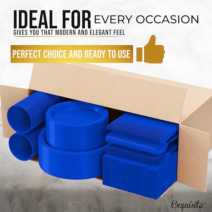 Party Solids 350 Pieces Dark Blue Plastic Plates For Party, Dark Blue Disposable Plates Set, 50 Of Each 9" Dinner Plate Set, 7" Dessert Plate, Cups, Napkins & Cutlery Plastic Dinnerware