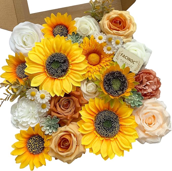 Sunflower Artificial Flowers Yellow Fake Flower Bouquet Box Set for DIY Bridal Wedding Shower Decorations Party Table Centerpieces Cake Decorating Silk Floral Arrangement for Home Decor Indoor