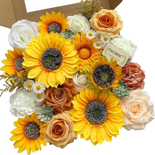 Sunflower Artificial Flowers Yellow Fake Flower Bouquet Box Set for DIY Bridal Wedding Shower Decorations Party Table Centerpieces Cake Decorating Silk Floral Arrangement for Home Decor Indoor