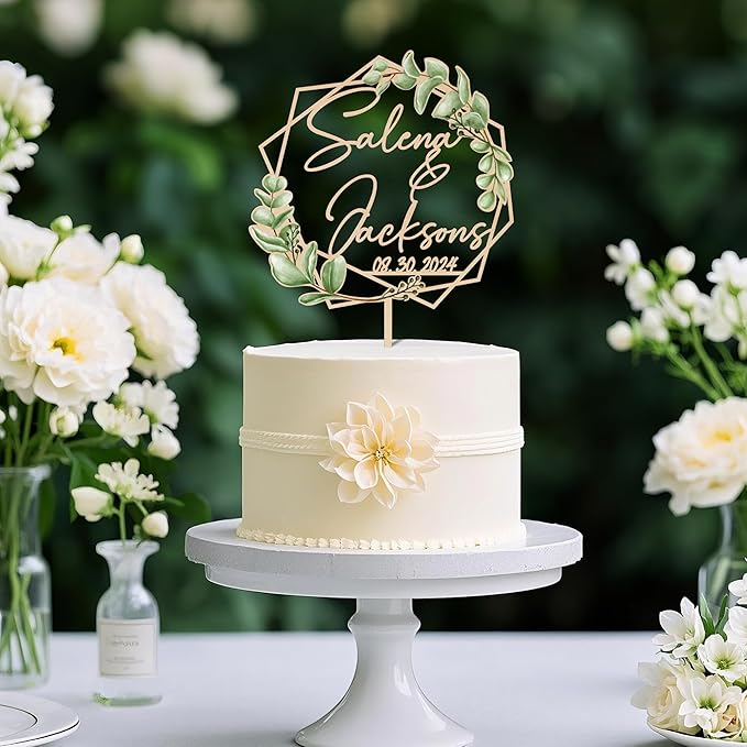 Wooden Wedding Cake Topper Personalized Names Date Geometric Eucalyptus Leaves Cake Decoration for Engagement Anniversary