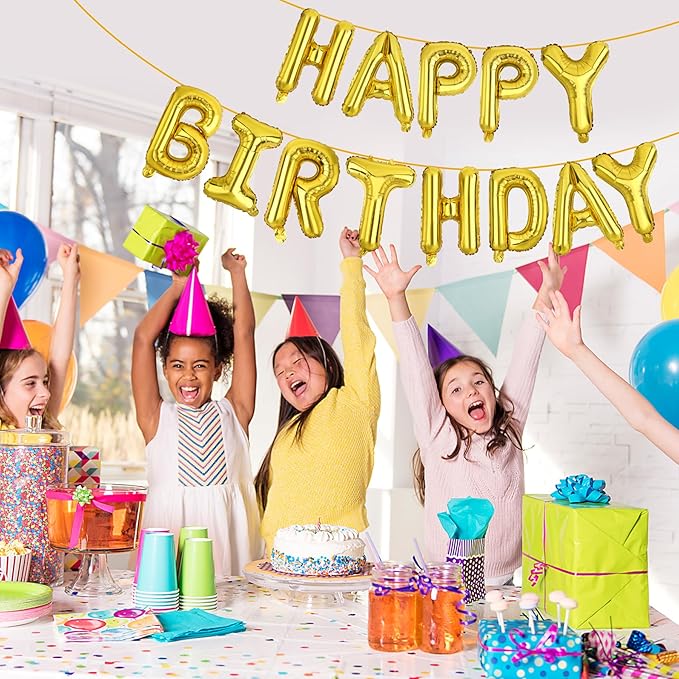 LIOZEOKUN Happy Birthday Balloon Letters 16 inch Mylar Foil Birthday Balloons Banner Sign for Birthday Party Decorations Supplies (Gold)