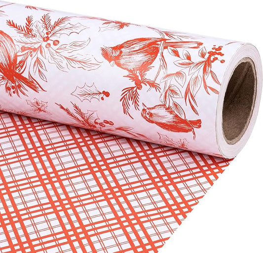 RUSPEPA 30" X 32.8' Reversible Christmas Wrapping Paper Roll, Jumbo Roll, Vintage Red Botanical Bird and Pinecone Design, Red White Plaid Gift Wrap for Girls, Family, Friends, Xmas Holiday Gifts