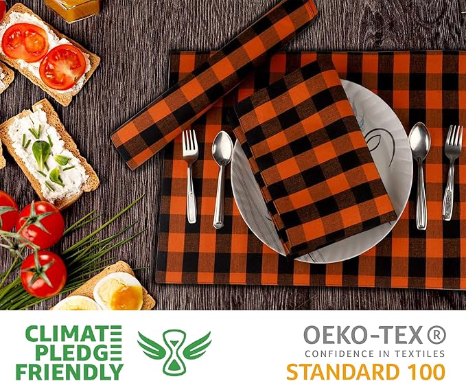 Urban Villa Halloween Cloth Napkins Back Orange Checks Dinner Napkins 20''x20'' (Set of 12) 100% Cotton Absorbent Napkins Soft Durable Reusable Washable Ideal for Events Parties Everyday use