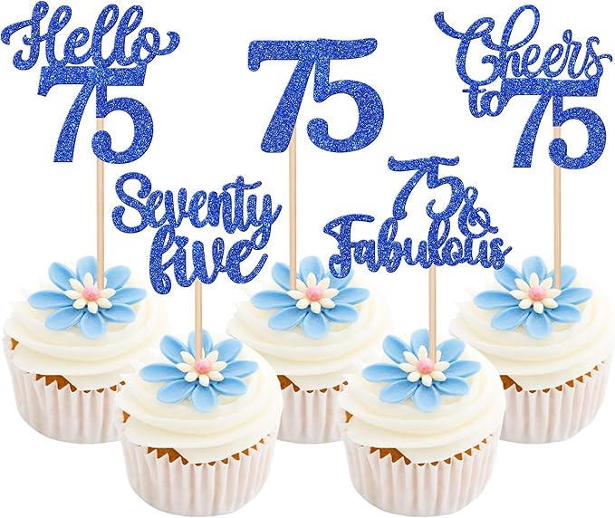 30PCS Happy 75th Birthday Cupcake Toppers Glitter Hello 75 Fabulous Seventy Five Cheers to 75 Years Old Birthday Cupcake Picks for Happy 75th Birthday Anniversary Party Cake Decor Supplies Blue