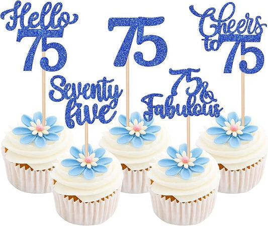 30PCS Happy 75th Birthday Cupcake Toppers Glitter Hello 75 Fabulous Seventy Five Cheers to 75 Years Old Birthday Cupcake Picks for Happy 75th Birthday Anniversary Party Cake Decor Supplies Blue