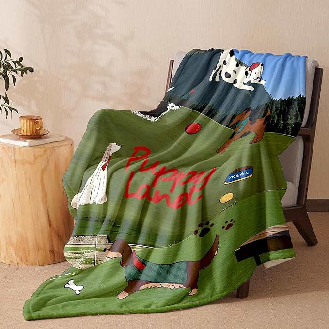 Flannel Blanket – 300GSM Soft Fleece Throw, Single-Sided Printed Dog Design, Cozy & Warm for Kids, Pets, Sofa, Bed, Travel – Cute Puppy Theme Blanket