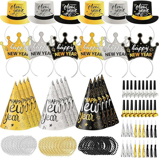 84Pcs New Year’s Eve Party Supplies for 24 Guest Black Gold Wearables Noisemakers 2026 Happy New Year Party Decoration include Cone Hats Tiaras Tassel Squawkers Beaded Necklace Great Party Favors