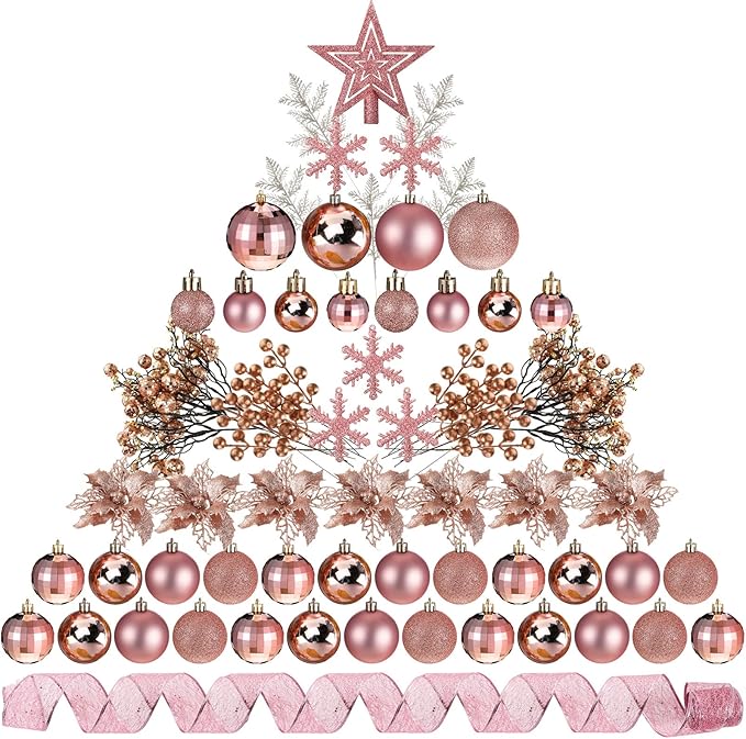 Sratte 94 Pcs Christmas Tree Decorations Set, Christmas Tree Ball Ornaments Glitter Poinsettia Flowers Decorations Glitter Berries Stems for Xmas Holiday Wedding(Rose Gold)