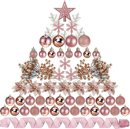 Sratte 94 Pcs Christmas Tree Decorations Set, Christmas Tree Ball Ornaments Glitter Poinsettia Flowers Decorations Glitter Berries Stems for Xmas Holiday Wedding(Rose Gold)