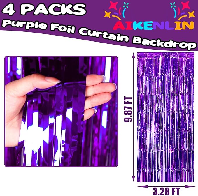 4 Pack Purple Foil Fringe Curtain Backdrop, 3.2Ft x 9.8Ft Metallic Tinsel Foil Fringe Streamers Curtains for Party, Photo Booth Props, Birthday, Wedding, Christmas Party Decoration Supplies