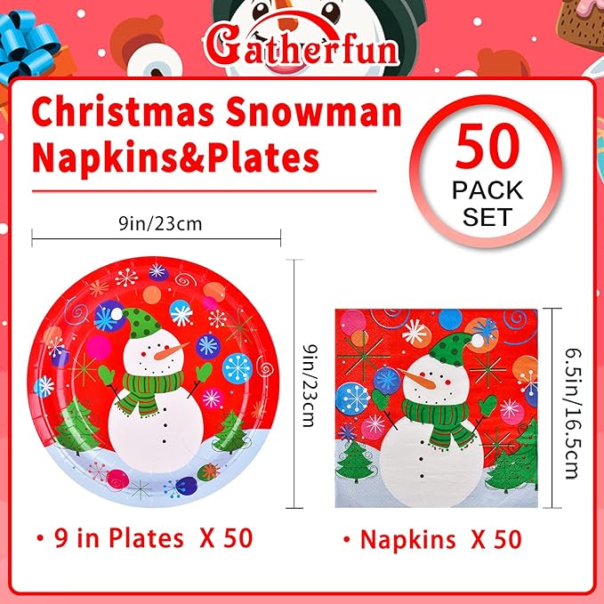 Gatherfun Christmas Party Supplies Christmas Snowman Disposable Paper Dinner Plates and Napkins for party decorations, Serve 50