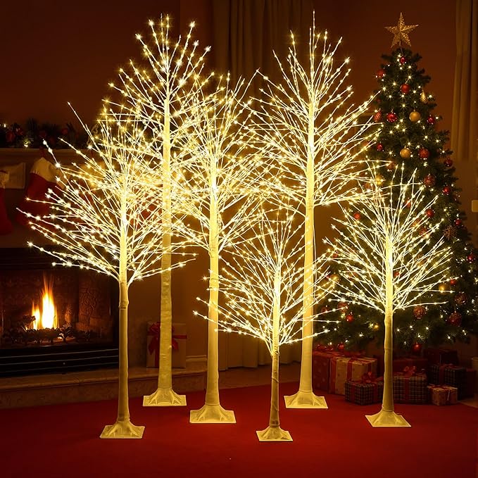 Baquler 6 Pack Lighted Birch Tree - Large Christmas Warm-White LED 8 Mode Light Birch Tree Decoration Set for Thanksgiving Holiday Fall Winter Party Decor, Indoor & Outdoor (4 5 6 7 8 ft)