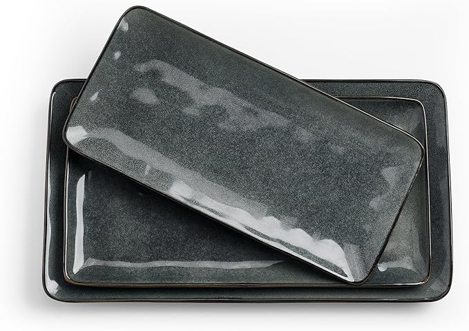famiware Serving Platter, Rectangular 15.67/14.1/12.6inch Serving Dishes for Entertaining, Dishwasher Safe, Stoneware Serving Trays for Party, Food, Turkey, Snack, Cheese, Reactive Glaze, Deep Forest
