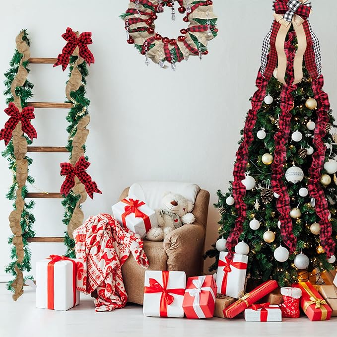 Jishi Christmas Tree Ribbon Garland Buffalo Plaid Christmas Decorations, 9 Ft X 6 Rolls Red and Black Buffalo Check Fabric Tree Ribbon Garland, Vintage Farmhouse Country Rustic Xmas Holiday Home Decor