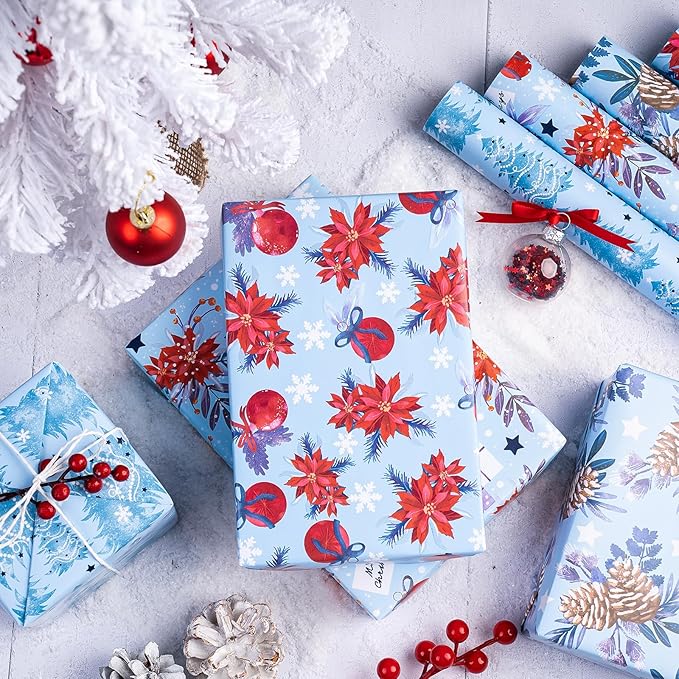 WRAPAHOLIC 30 Inch Christmas Wrapping Paper Roll - Jumbo Roll Red and Blue Snow Globe, Pinecone, Poinsettia, Christmas Tree Wrapping Paper - 4 Rolls - 30 Inch x 120 Inch Per Roll