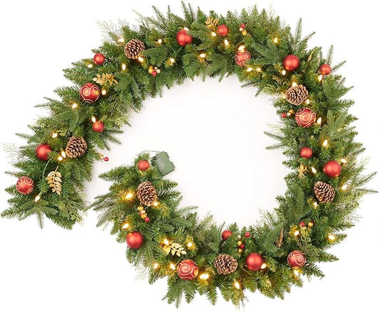 9FT Red Gold Christmas Garland Prelit with Battery Operated 50 LED Lights,Holiday Decoration Stairs Mantle Door Indoor Outdoor