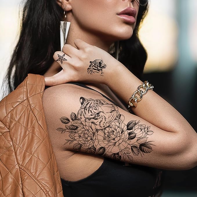 Aresvns Realistic Temporary Tattoo Stickers,16 Sheets Fake Body Arm Chest Shoulder Tattoos for Men or Women with 8 Sheets Tiny Black Tattoos for BBQ Pool Beach Party