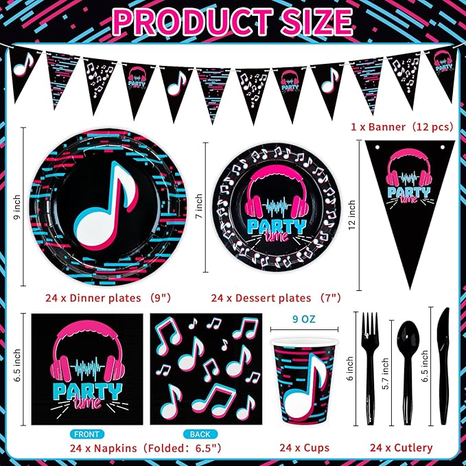 DYLIVeS 180 Pcs Music Party Supplies - Music Theme Birthday Party Decorations for Girls - Banner, Plates, Cups, Napkins, Cutlery (Serves 24)