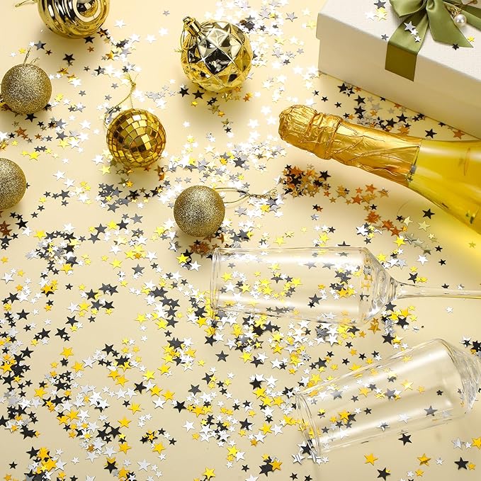Hestya 60g Star Confetti Glitter Table Confetti Metallic Foil Stars for Christmas Party Wedding Festival Decorations(Silver Gold Black,10mm and 6mm)